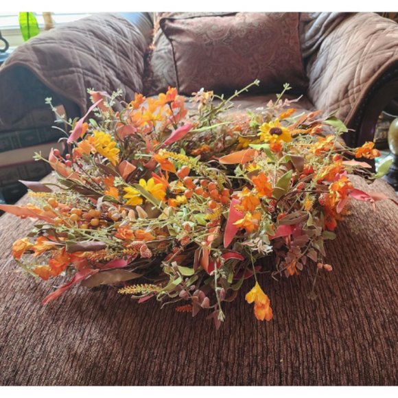 22" Autumn Front Door Wreath with Eucalyptus Leaf Daisies and Berry with Bag - Picture 3 of 6